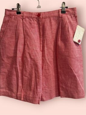 NWT Vintage Linen Blend High Waist Pleated Shorts Red Houndstooth